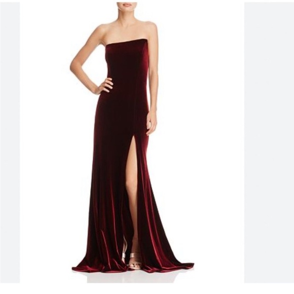 Red Velvet Asymmetrical Strapless Gown -Betsy & Adam Mermaid Dress with Leg Slit - Picture 1 of 16